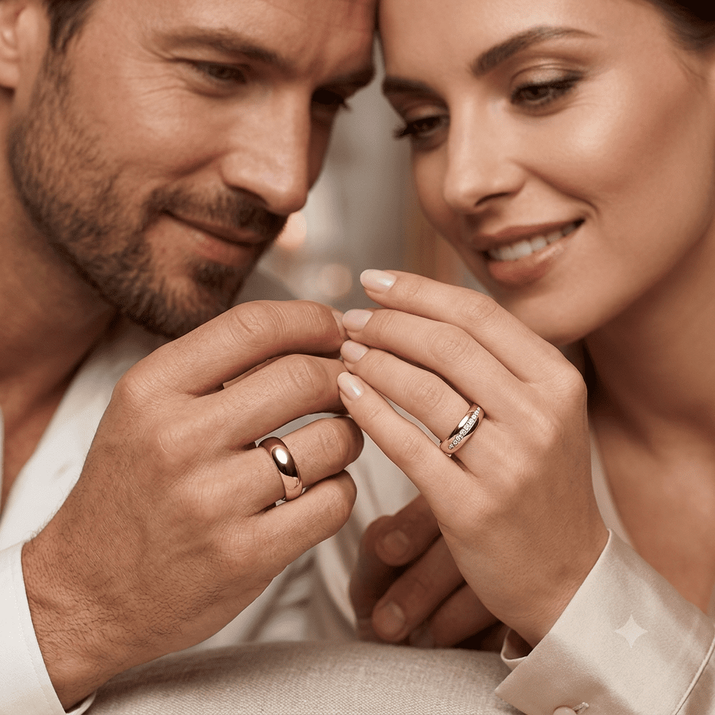Eine Nahaufnahme eines lächelnden Paares, das Händchen hält; beide tragen Eheringe, was auf einen romantischen Moment oder die Zeit als frisch Verheiratete hindeutet.