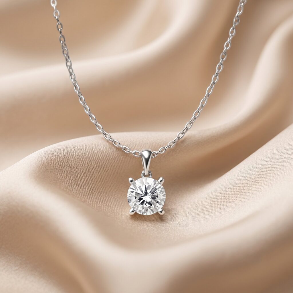 Eine elegante silberne Halskette mit einem runden Brillantschliff-Diamantanhänger in einer Krappenfassung, der auf weich drapiertem, champagnerfarbenem Satinstoff liegt.