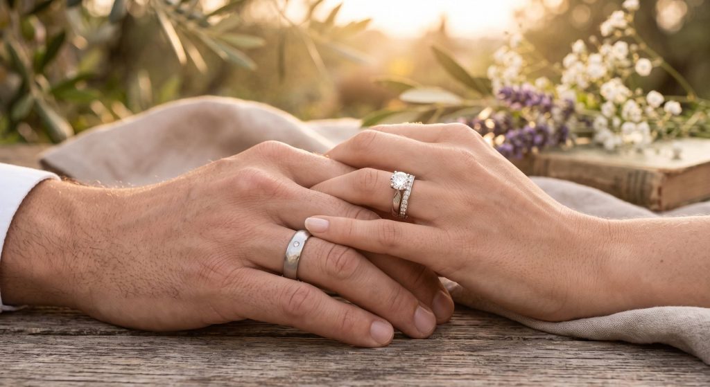 Nahaufnahme der ineinander verschränkten Hände eines Paares, das auf einem rustikalen Holztisch ruht. Die Braut trägt einen funkelnden Diamant-Verlobungsring und einen schlichten Ehering, während der Bräutigam einen breiten, silberfarbenen Ehering mit einem kleinen Diamanten trägt. Im unscharfen Hintergrund sind zarte Blumen und das warme Licht der Abendsonne zu erkennen.