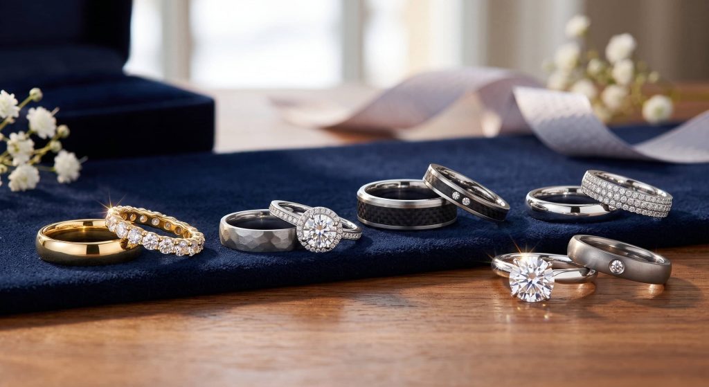 Auf einem Holztisch, der mit einem blauen Samttuch bedeckt ist, sind vor dem Hintergrund von Bändern und weißen Blumen verschiedene Ringe aus Gold, Silber und Diamanten ausgestellt.