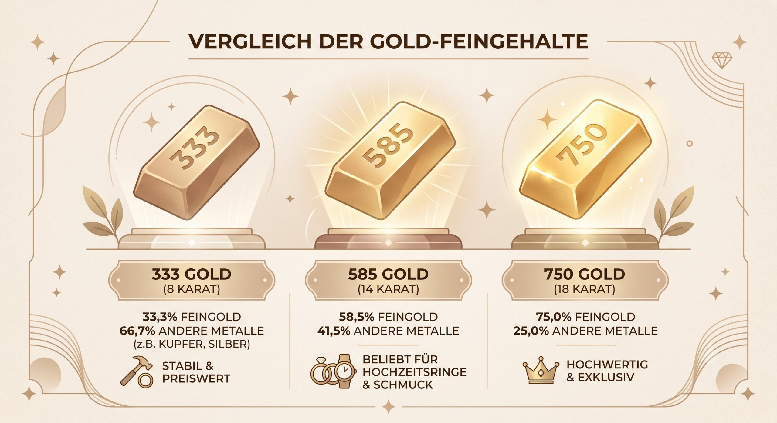 333 Gold (8 Karat): 33,3% Feingold, 66,7% andere Metalle (z. B. Kupfer, Silber) – Eigenschaft: „Stabil & preiswert“. 585 Gold (14 Karat): 58,5% Feingold, 41,5% andere Metalle – Eigenschaft: „Beliebt für Hochzeitsringe & Schmuck“. 750 Gold (18 Karat): 75,0% Feingold, 25,0% andere Metalle – Eigenschaft: „Hochwertig & exklusiv“.