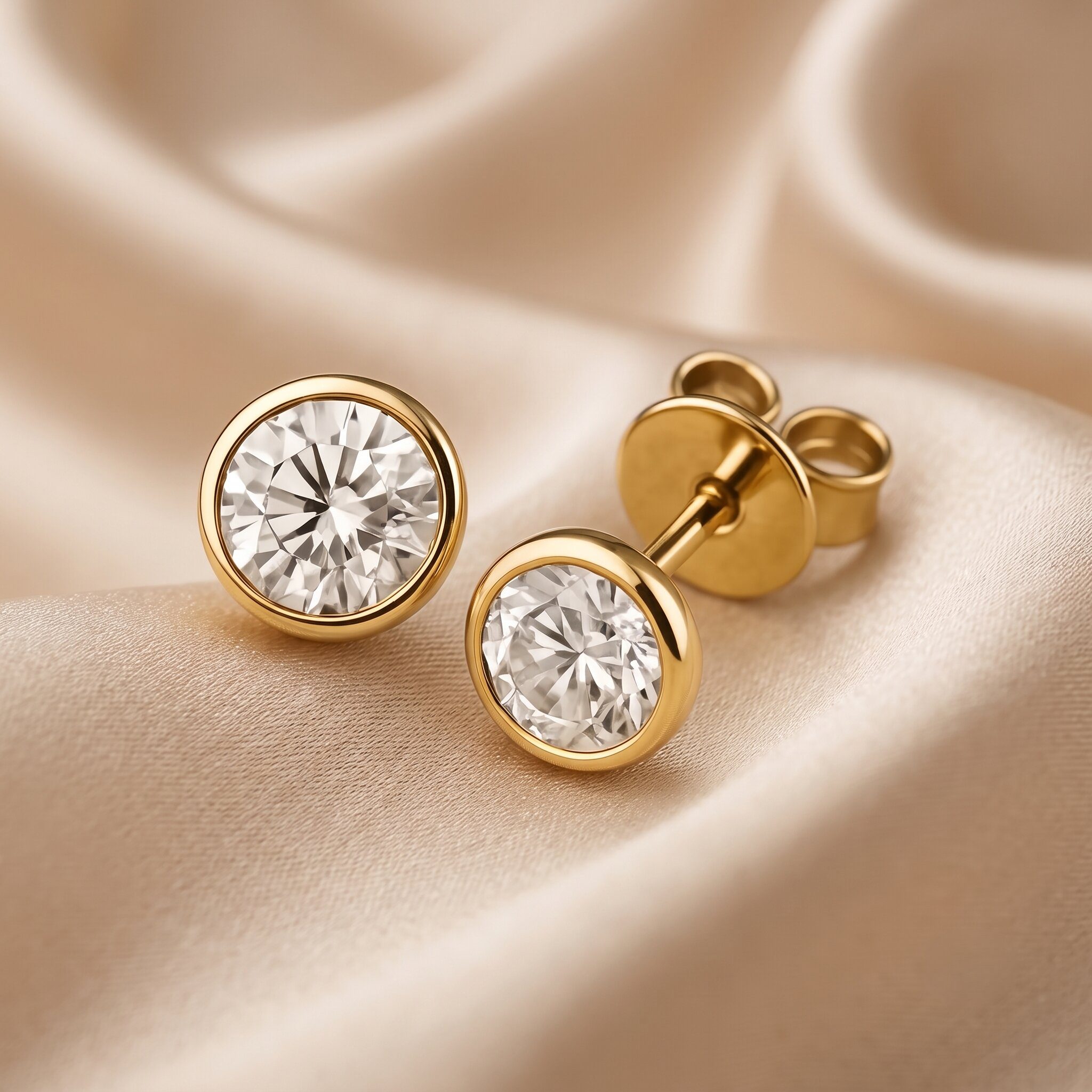 Ein Paar elegante, gelbgoldene Solitär-Ohrstecker mit jeweils einem runden, brillanten Diamanten in einer schlichten Zargenfassung. Der linke Ohrstecker wird frontal gezeigt, der rechte ist schräg positioniert und zeigt den Stift und den Schmetterlings-Verschluss. Die Stecker ruhen auf weich drapiertem, champagnerfarbenem Seidensatin-Stoff unter diffusem, weichem Licht
