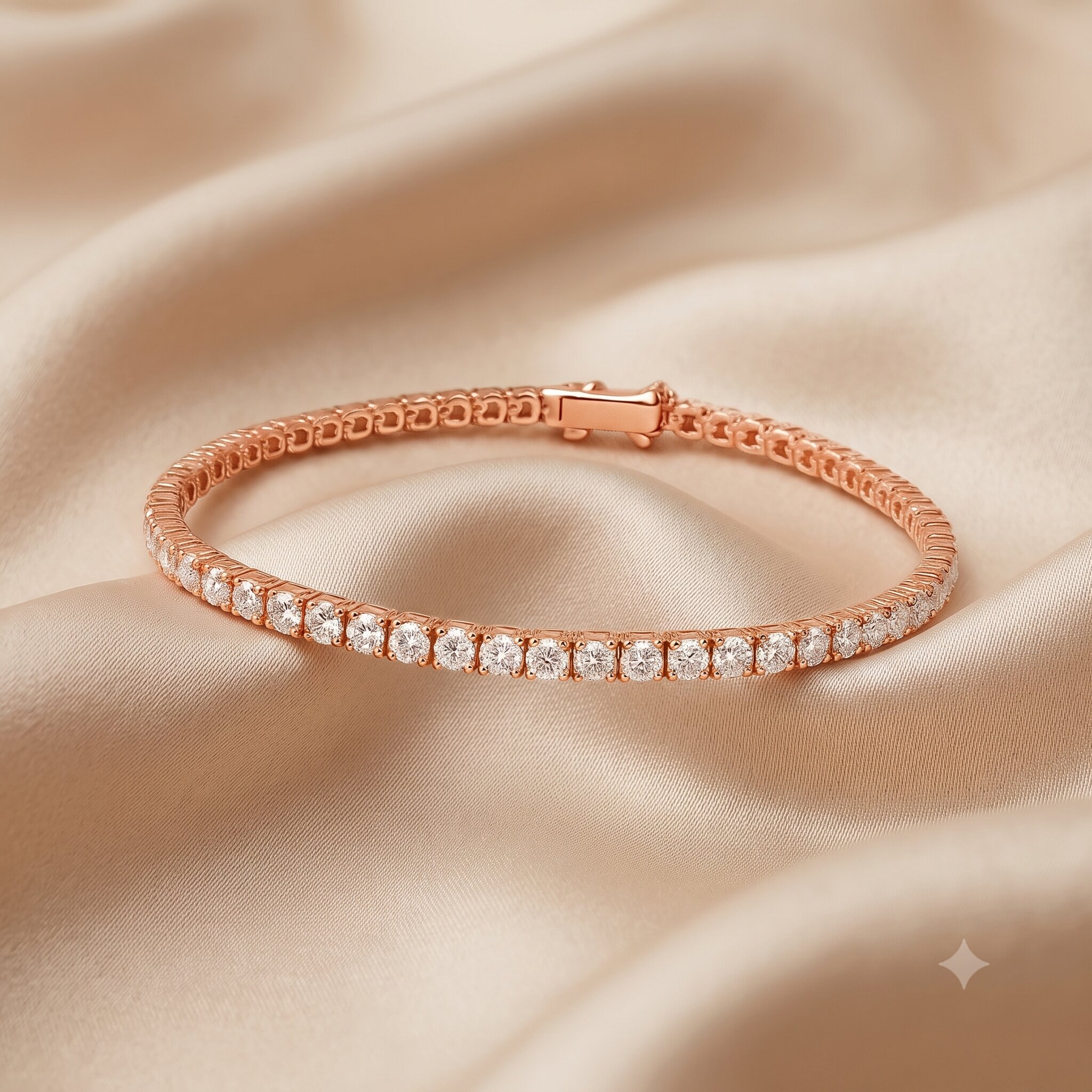 Ein detailliertes Foto eines zarten Roségold-Tennisarmbands, das mit einer durchgehenden Linie funkelnder, runder Diamanten im Brillantschliff besetzt ist. Das Armband liegt in einer sanften Kurve auf drapiertem, schimmerndem champagnerfarbenem Satin. Ein filigraner Sicherheitsverschluss ist sichtbar. Das weiche Licht betont das Funkeln der Diamanten und die luxuriöse Textur des Stoffes.