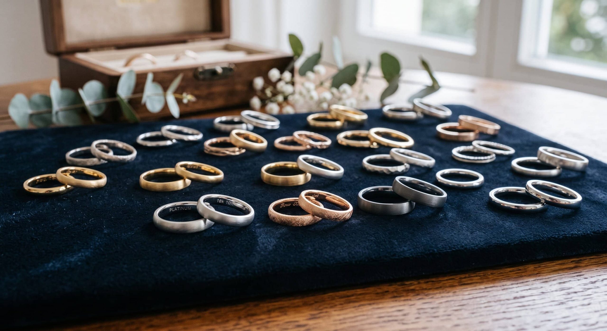 Nahaufnahme eines dunkelblauen Samttabletts auf einem Holztisch, auf dem zahlreiche Eheringe in verschiedenen Designs und Legierungen – darunter Gelbgold, Weißgold, Platin und Roségold – ausgestellt sind. Einige Ringe liegen einzeln, andere sind paarweise angeordnet. Im Hintergrund ist eine geöffnete, edle Holz-Ringbox mit einem Eukalyptuszweig und Blüten zu sehen, die eine romantische Beratungsatmosphäre erzeugen.