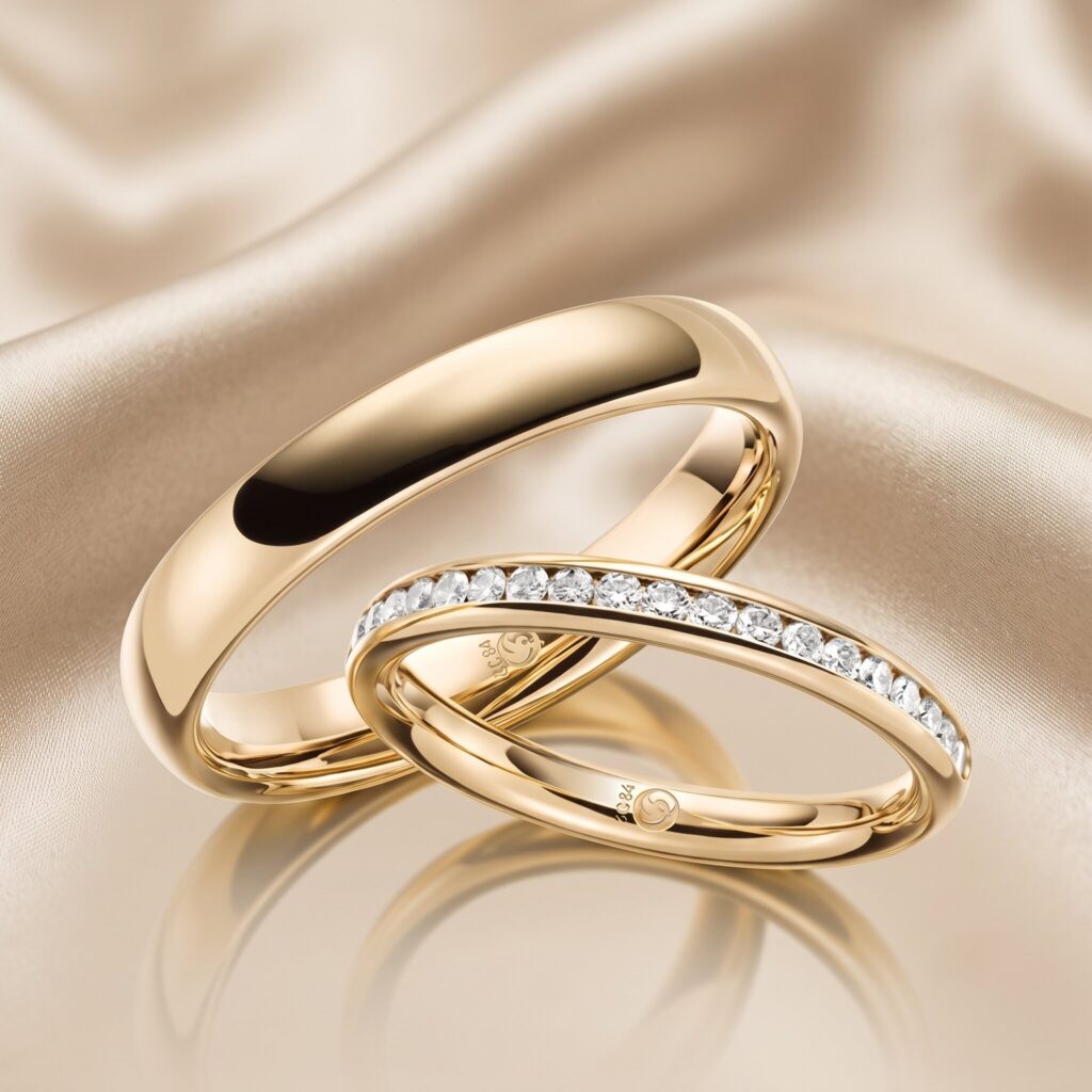 Nahaufnahme zweier luxuriöser Ringe aus Gelbgold, die leicht ineinander verschränkt auf einem fließenden, goldfarbenen Satin- oder Seidenstoff liegen. Der linke Ring ist klassisch schlicht und hochglanzpoliert, der rechte Ring ist mit einer durchgehenden Reihe funkelnder Diamanten im Brillantschliff besetzt. Das Licht erzeugt sanfte Spiegelungen auf dem Gold und dem Stoff.