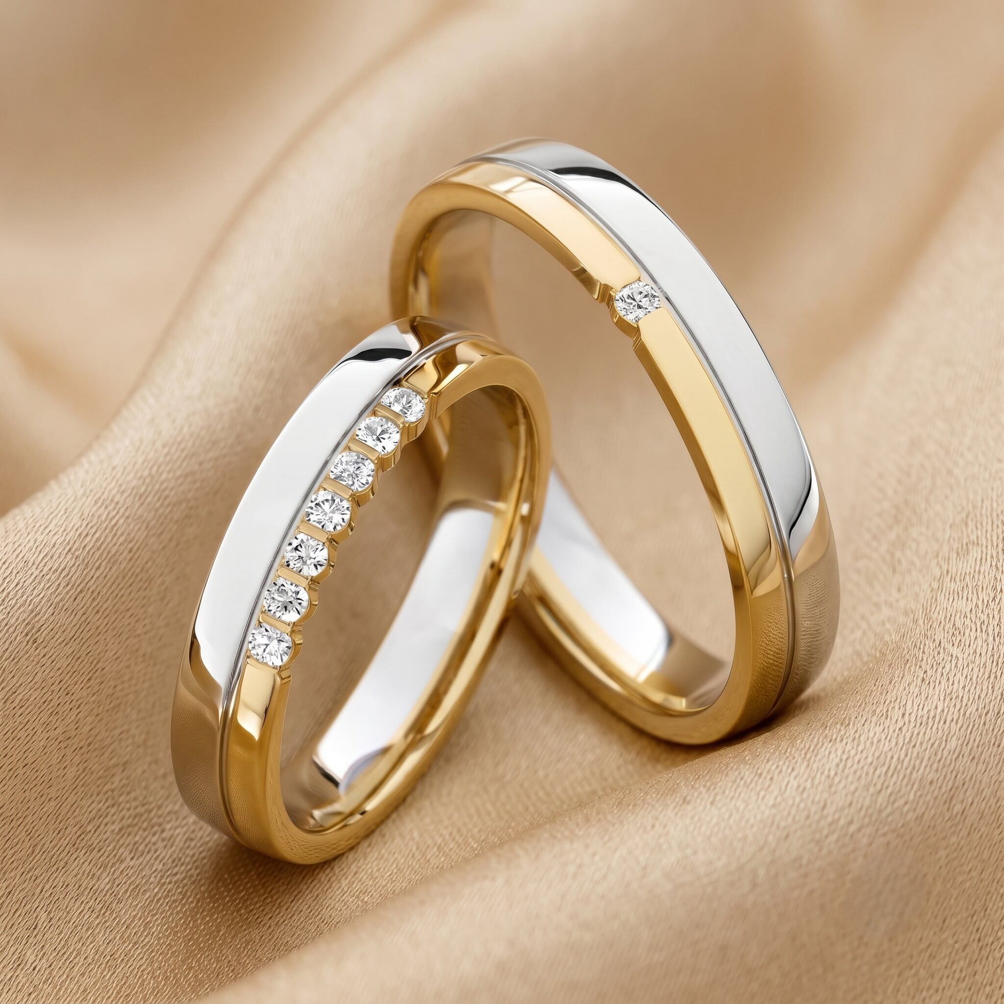Ein Paar bicolore Eheringe aus Gelbgold und Weißgold, verschränkt auf einem weichen, drapierten champagnerfarbenen Satinstoff. Der vordere, schmalere Ring hat eine Reihe funkelnder Diamanten im Pavee-Stil auf dem Weißgold-Akzent. Der hintere, etwas breitere Ring ist schlichter und weist einen einzelnen kleinen Diamanten im Weißgold-Teil auf. Beide Ringe sind hochglanzpoliert.