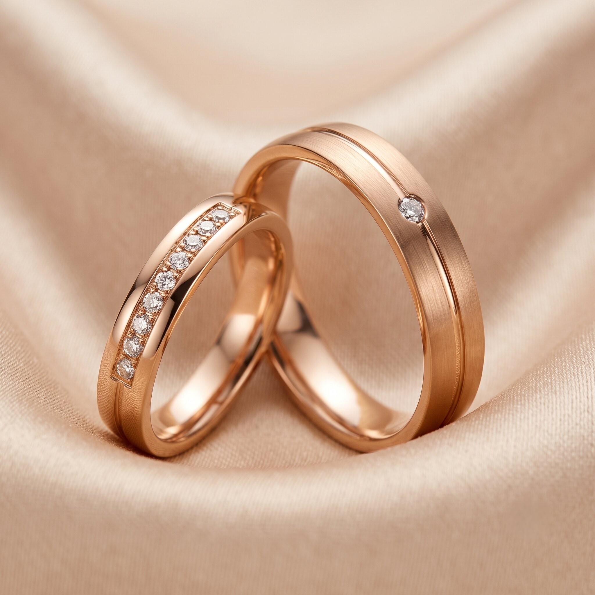 Ein Paar ineinandergreifende Eheringe aus Roségold auf drapiertem, champagnerfarbenem Seidenstoff. Ein schmaler Ring ist voll mit kleinen Diamanten besetzt, und ein breiterer Ring hat eine gebürstete Oberfläche mit einem zentralen Diamanten