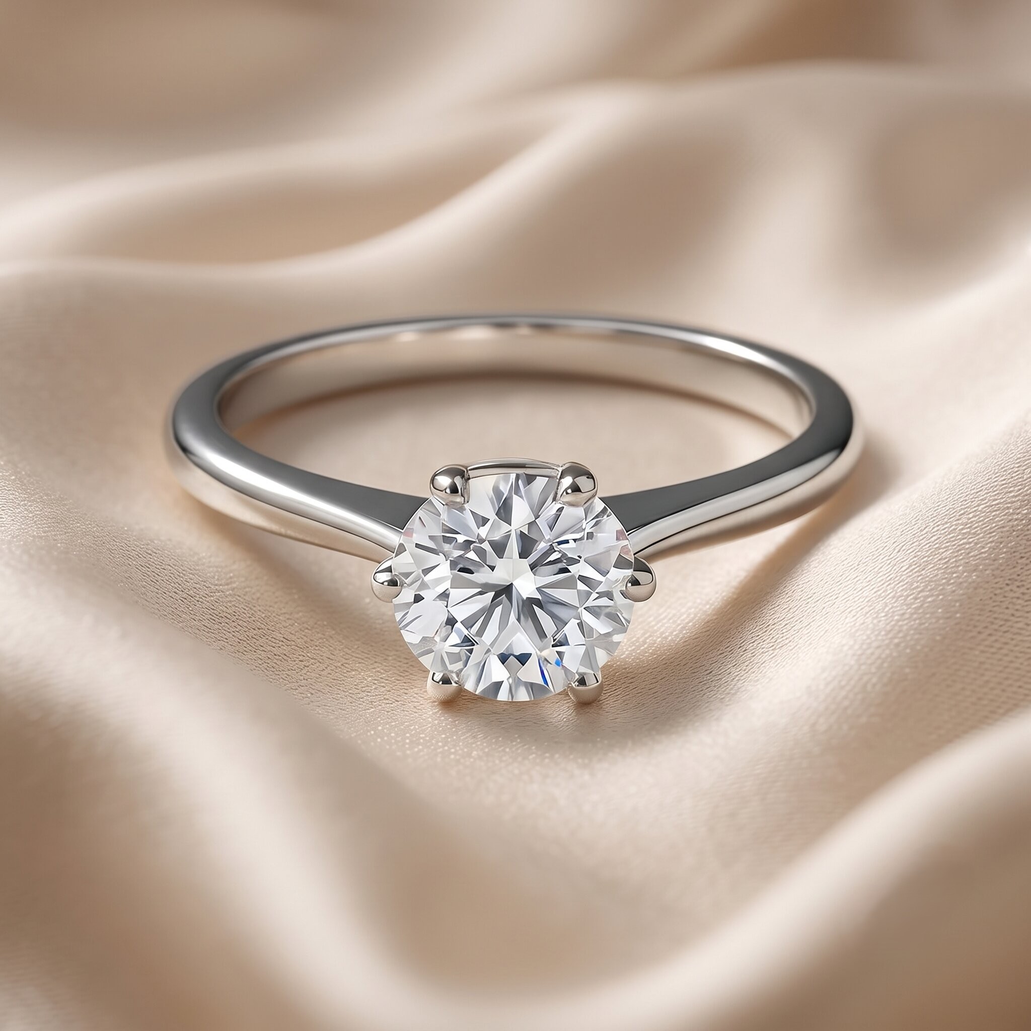 Ein eleganter Solitär-Verlobungsring aus Weißgold oder Platin mit einem großen, runden Brillanten, der in einer klassischen Sechs-Krallen-Fassung gehalten wird. Der Ring liegt auf weichem, fließendem, beigefarbenem Seidenstoff mit sanften Falten.
