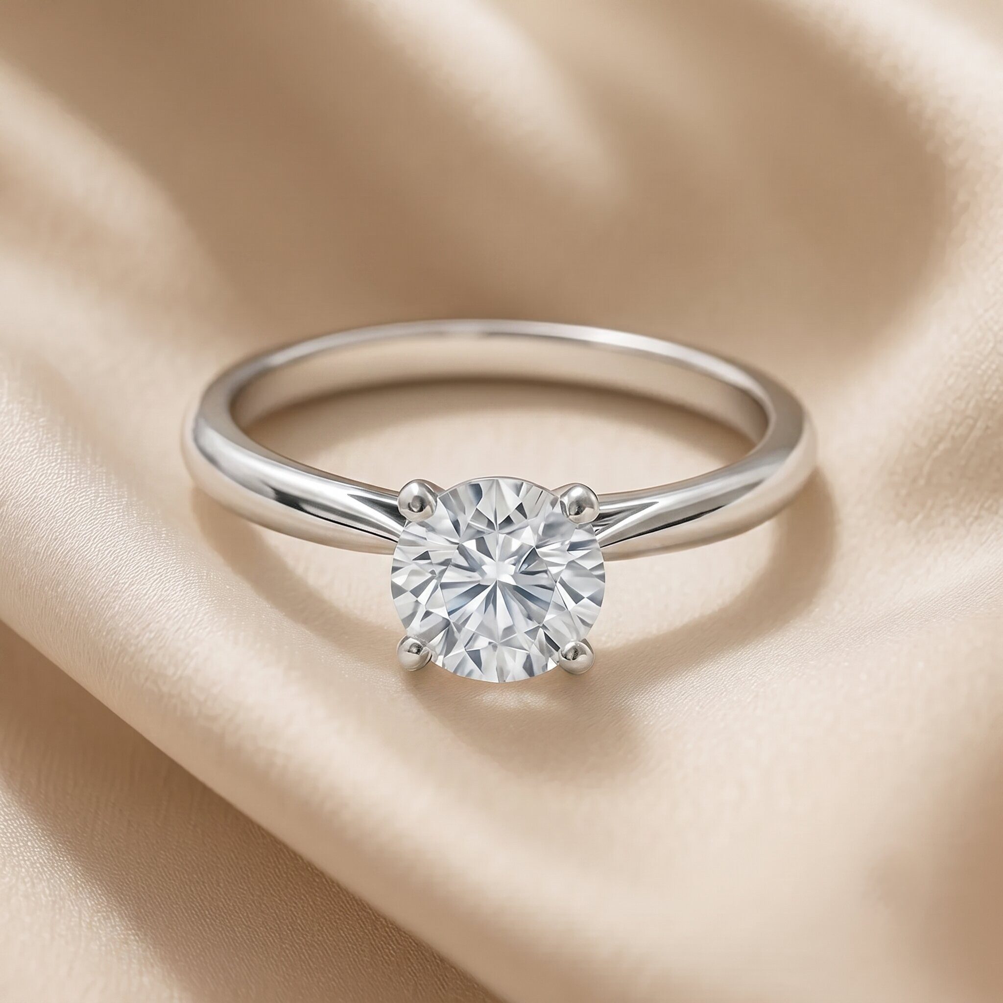 Ein klassischer, eleganter Verlobungsring mit einem runden Diamanten (Brillantschliff) in einer Vierkrappenfassung auf einem glatten, unbesetzten Ringband. Der Ring ruht auf einem weich fließenden, champagnerfarbenen Seidensatin-Hintergrund, dessen sanfte Wellen und diffuses Licht eine luxuriöse und weiche Kulisse bilden.