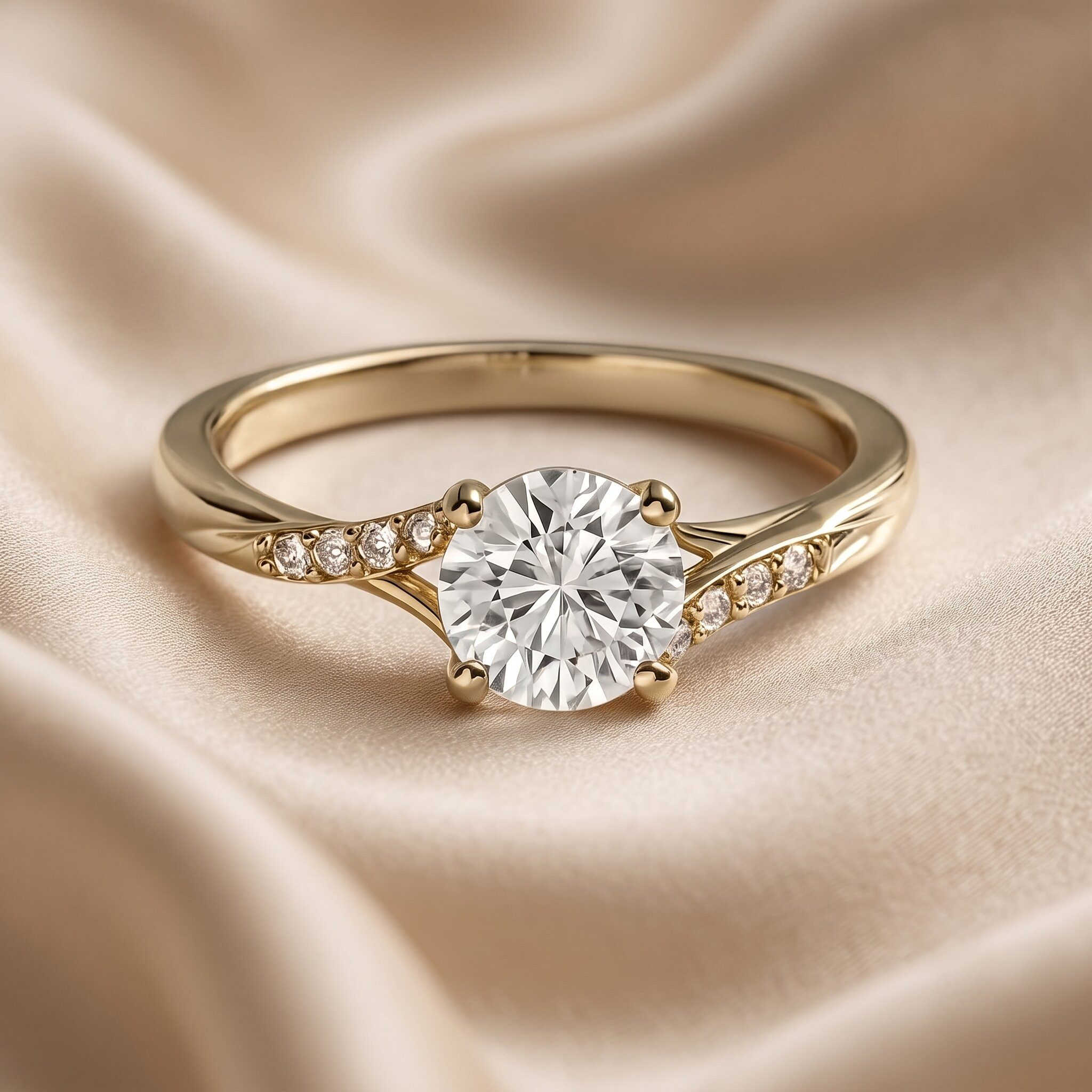 Ein eleganter goldener Verlobungsring mit einem großen, runden zentralen Diamanten und kleineren Diamanten auf dem geschwungenen Ringband. Der Ring ruht auf einem weich fließenden, champagnerfarbenen Seidensatin mit sanften, unscharfen Falten im Hintergrund.