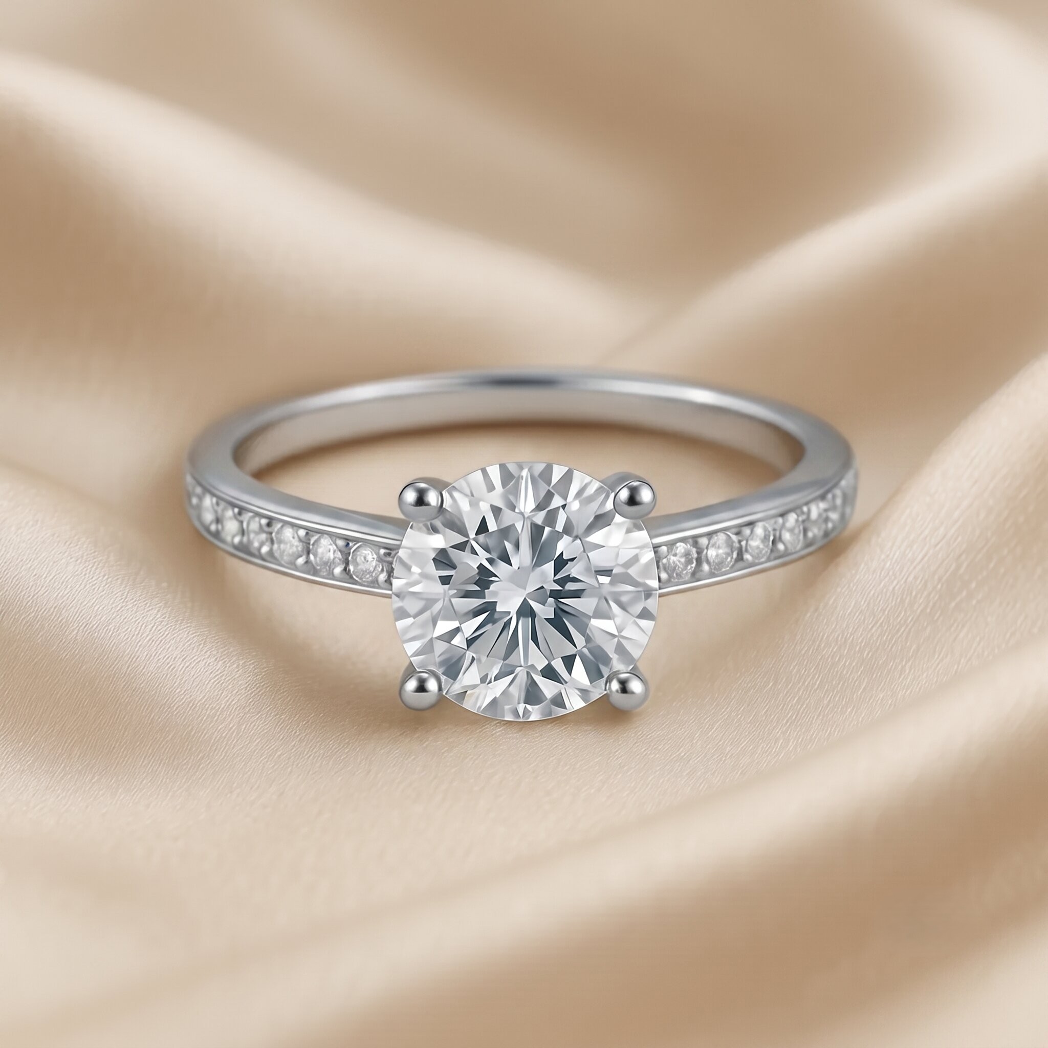 Ein eleganter Verlobungsring mit einem großen, runden Hauptdiamanten und kleinen, eingefassten Diamanten entlang der Ringschiene. Der Ring liegt im scharfen Fokus auf einem weich fließenden, champagnerfarbenen Seidensatin-Hintergrund mit sanften Falten.