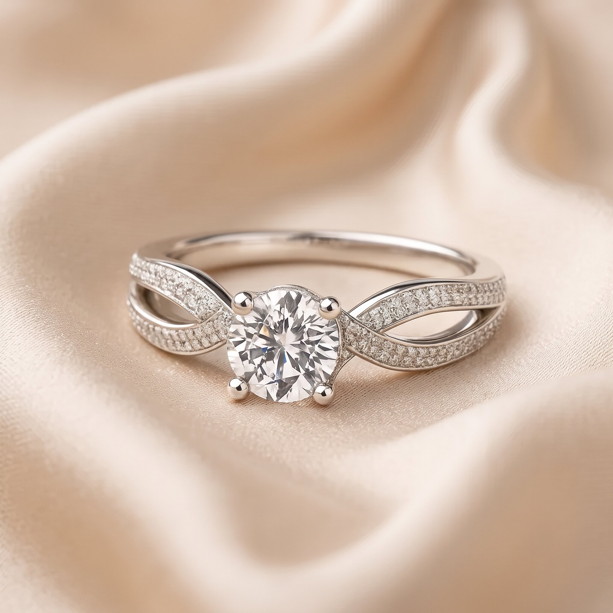 Ein eleganter Verlobungsring aus Weißgold mit einem zentralen, runden Brillanten und einem geschwungenen, diamantbesetzten Ringband, der auf einem weichen, champagnerfarbenen Seidensatin-Hintergrund ruht.