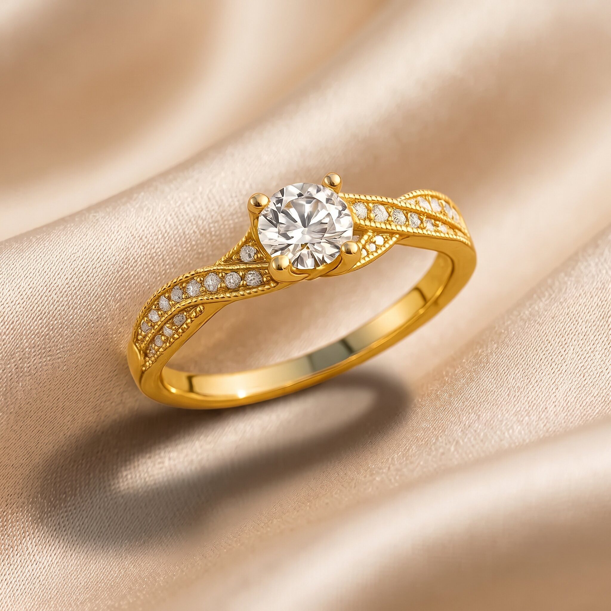 Ein Nahaufnahme-Foto eines detaillierten Verlobungsrings aus Gelbgold mit einem großen, runden Brillanten in Krappenfassung und einem aufwändigen, pavé-besetzten Zopfmuster-Band, der auf einem champagnerfarbenen Seidensatin-Hintergrund ruht.