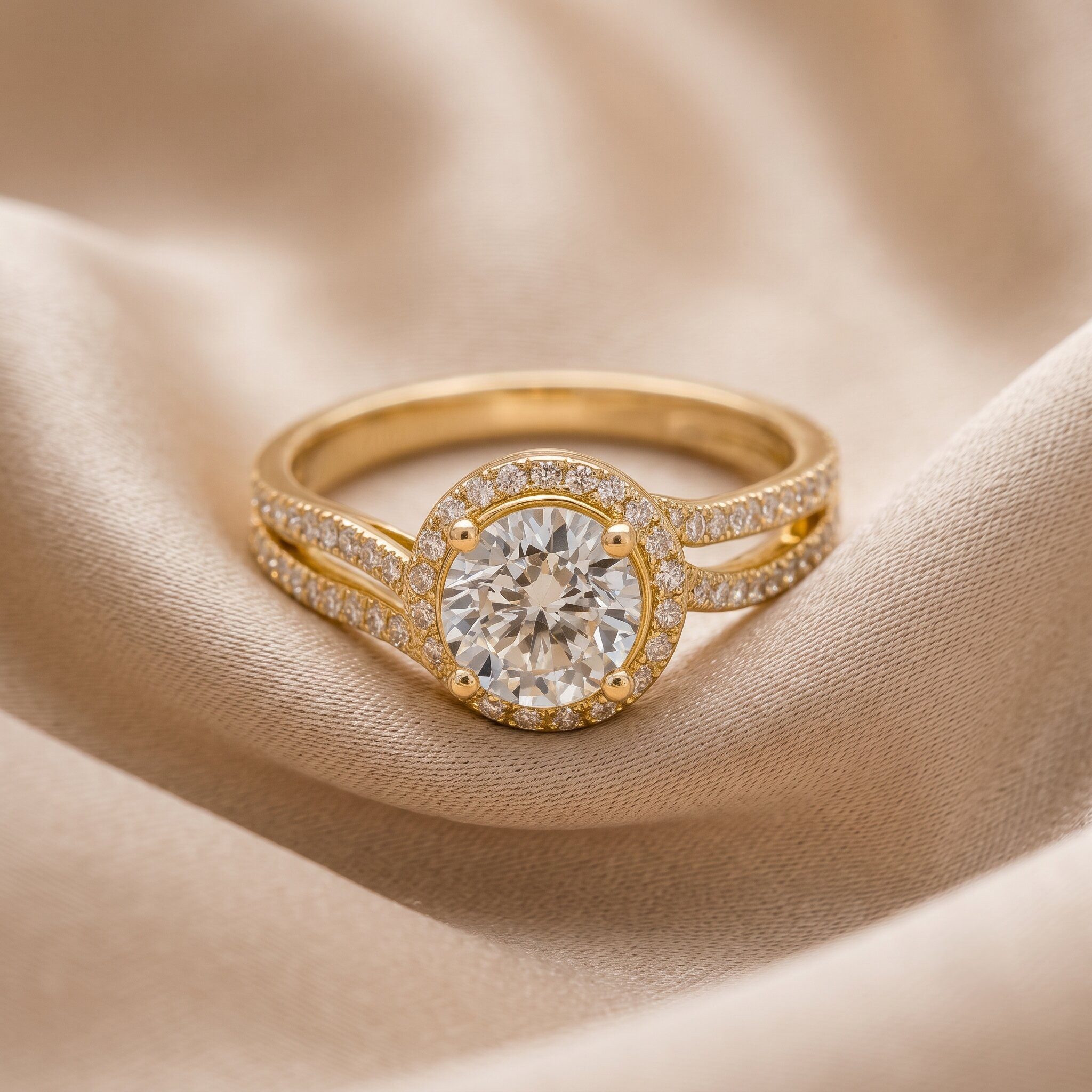Ein eleganter Halo-Verlobungsring aus Gelbgold mit einem großen, runden Brillanten in der Mitte, der von einem Kranz aus kleineren Diamanten umgeben ist. Das geteilte Ringband ist ebenfalls dicht mit kleinen Diamanten im Pavé-Stil besetzt. Der Ring ruht auf einem weichen, champagnerfarbenen Seidensatin-Hintergrund