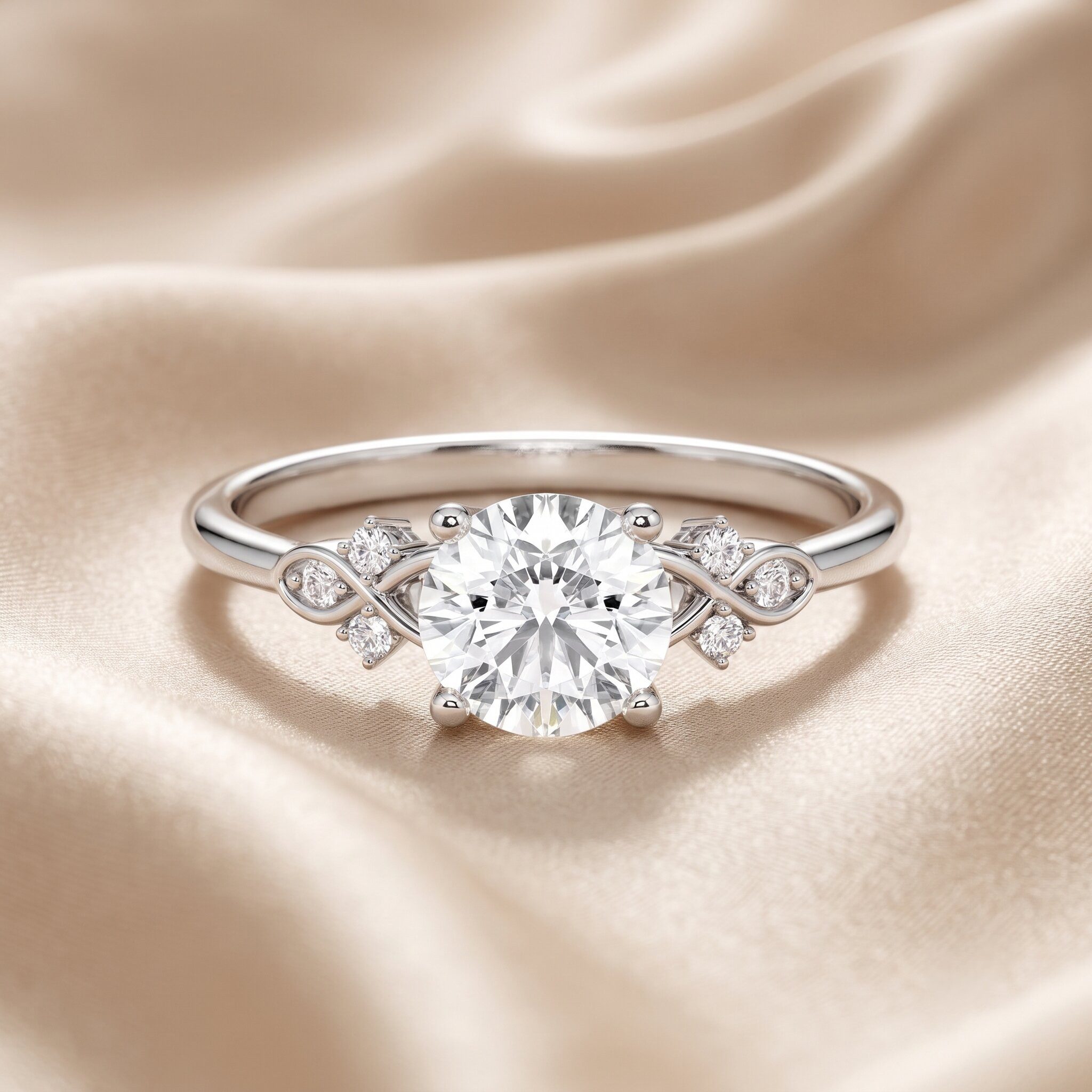 Eine Nahaufnahme eines detailreichen Verlobungsrings aus Gelbgold mit einem großen, runden Brillanten in der Mitte. Der Mittelstein ist in einer Vier-Griff-Fassung gefasst und wird am Ringband symmetrisch von Gruppen kleinerer runder Diamanten flankiert. Der Ring ruht auf einem sanft drapierten, champagnerfarbenen Satinstoff mit fließenden Falten. Die Beleuchtung ist weich und diffus und bringt das Funkeln der Diamanten besonders gut zur Geltung.