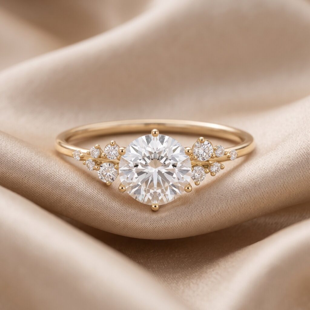 Eine Nahaufnahme eines detailreichen Verlobungsrings aus Gelbgold mit einem großen, runden Brillanten in der Mitte. Der Mittelstein ist in einer Vier-Griff-Fassung gefasst und wird am Ringband symmetrisch von Gruppen kleinerer runder Diamanten flankiert. Der Ring ruht auf einem sanft drapierten, champagnerfarbenen Satinstoff mit fließenden Falten. Die Beleuchtung ist weich und diffus und bringt das Funkeln der Diamanten besonders gut zur Geltung.