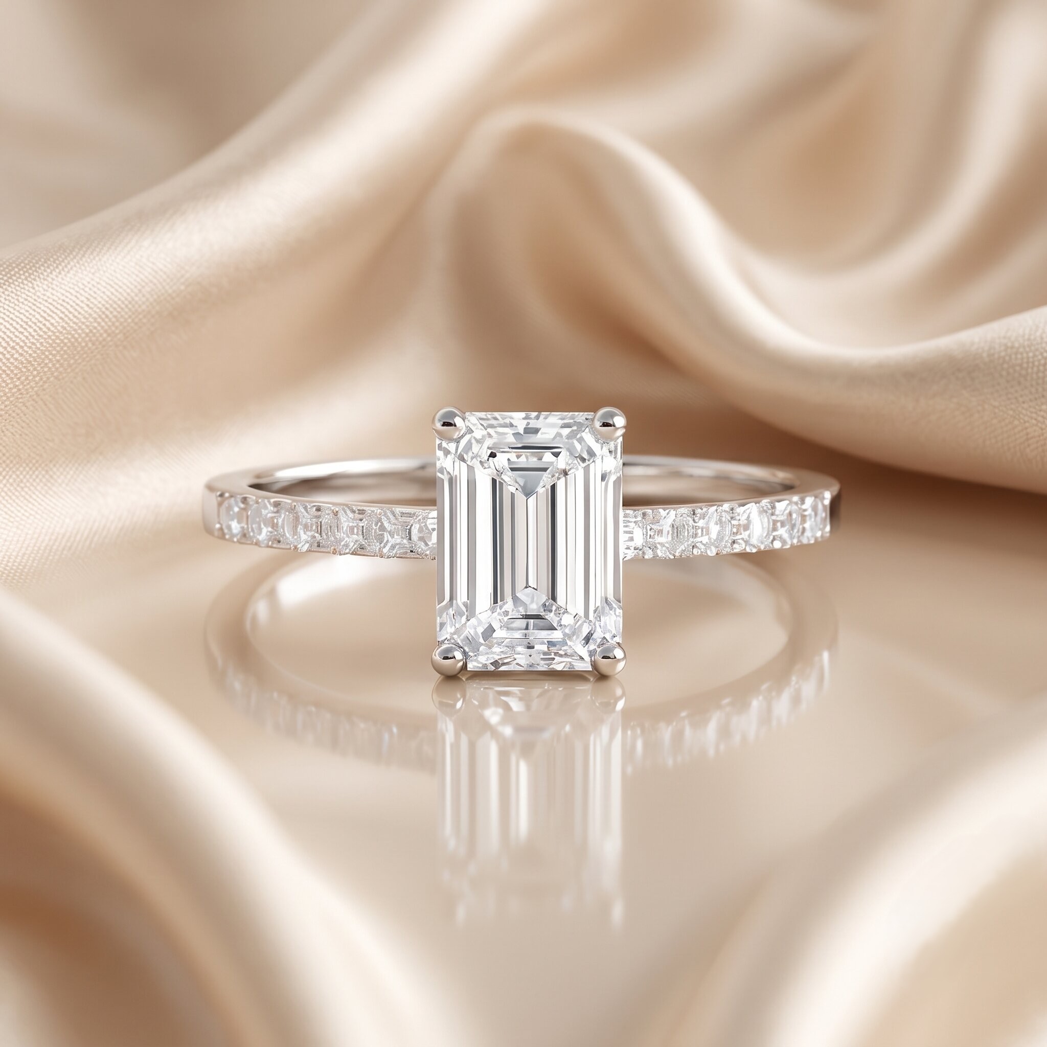 Ein eleganter Verlobungsring mit einem großen Diamanten im Smaragdschliff (Emerald-Cut) und einem mit kleinen Diamanten besetzten Ringband. Der Ring liegt auf einem weich fließenden, champagnerfarbenen Seidensatin, der eine sanfte Spiegelung des Schmuckstücks auf der glatten Oberfläche erzeugt.