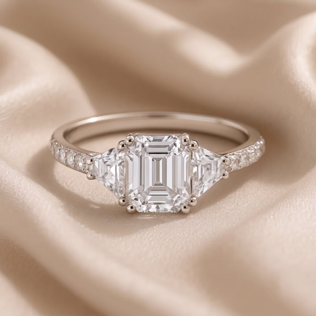 Nahaufnahme eines eleganten Verlobungsrings aus Weißgold, der auf einem drapierten, champagnerfarbenen Satin-Hintergrund ruht. Der Ring verfügt über einen großen, zentralen Diamanten im Smaragdschliff, der von zwei kleineren Trapez-Diamanten flankiert wird. Das Ringband ist ebenfalls mit Pavé-Diamanten besetzt.
