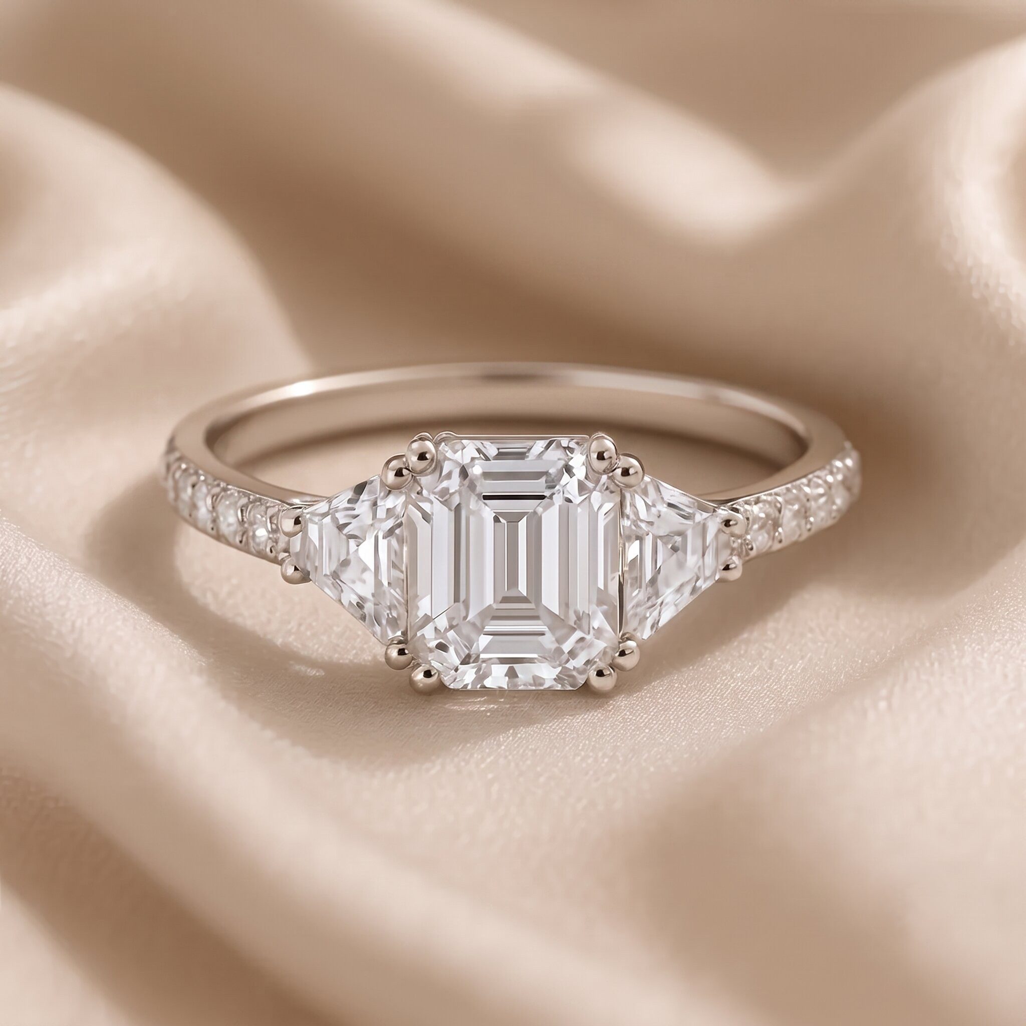 Nahaufnahme eines eleganten Verlobungsrings aus Weißgold, der auf einem drapierten, champagnerfarbenen Satin-Hintergrund ruht. Der Ring verfügt über einen großen, zentralen Diamanten im Smaragdschliff, der von zwei kleineren Trapez-Diamanten flankiert wird. Das Ringband ist ebenfalls mit Pavé-Diamanten besetzt.