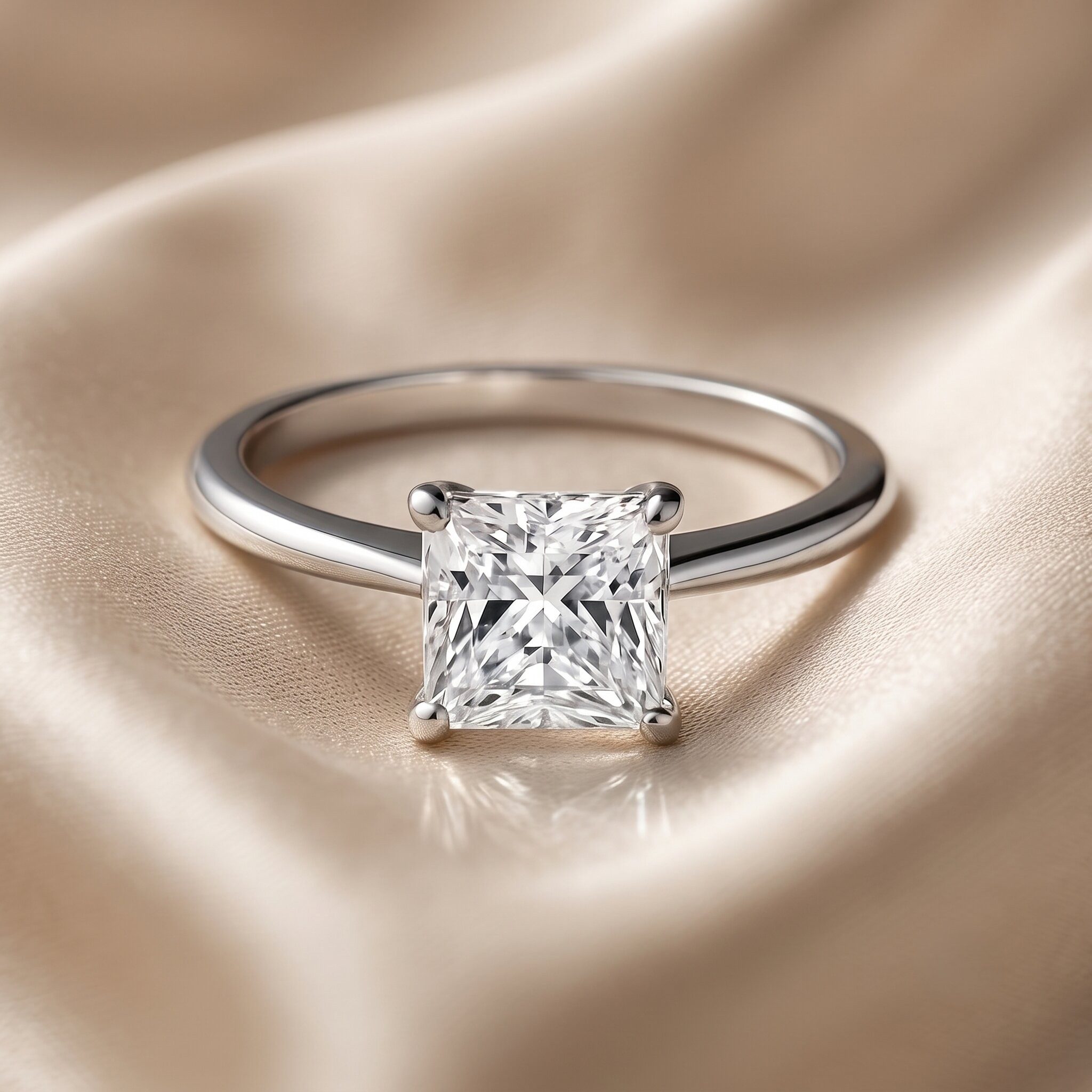 Ein eleganter, silberner Ring mit einem großen, funkelnden, quadratischen Diamanten im Fokus. Der Ring liegt auf einem weich fließenden, champagnerfarbenen Seidensatin, dessen sanfte Falten durch eine geringe Schärfentiefe verschwommen und weich beleuchtet im Hintergrund erscheinen.