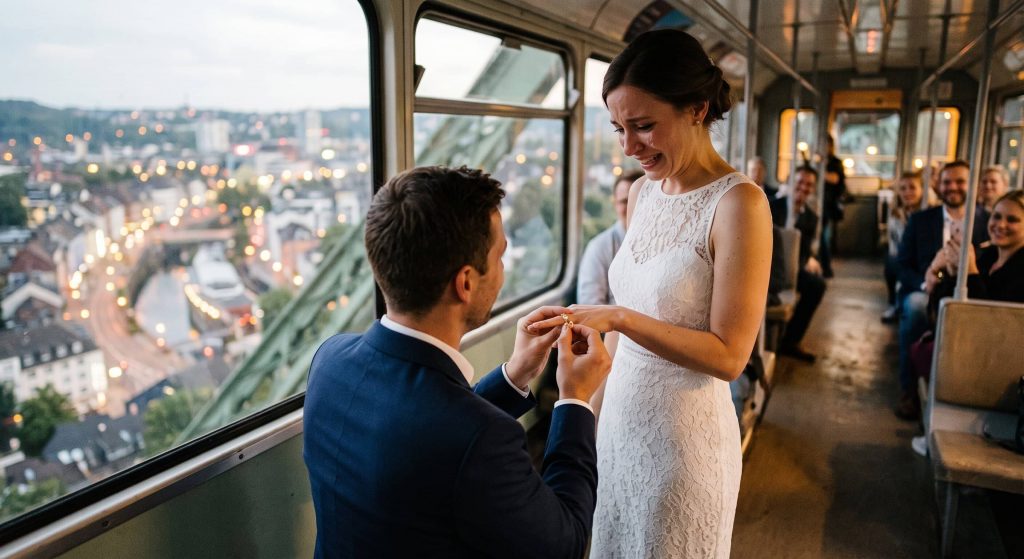Ein Mann im Anzug macht einer Frau in einem weißen Kleid in einem Zug einen Heiratsantrag. Sie wirkt gerührt und glücklich, als er ihr einen Ring an den Finger steckt. Die Fahrgäste im Hintergrund lächeln und schauen zu. Durch das Fenster sind die Lichter der Stadt zu sehen.