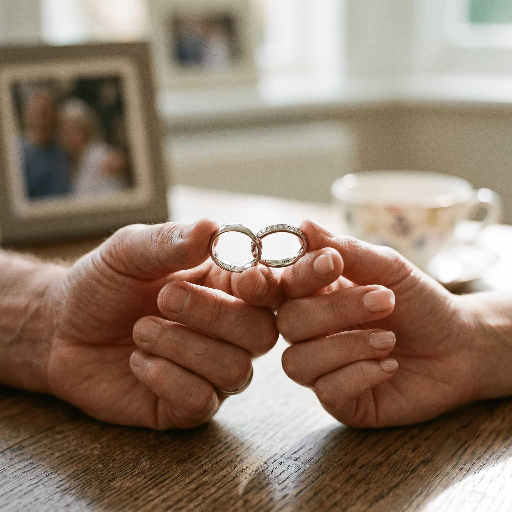 Nahaufnahme der Hände eines Paares, die zwei Eheringe halten, welche sich leicht berühren. Die Ringe sind silberfarben, einer ist schlicht, der andere mit feinen Steinen besetzt. Im unscharfen Hintergrund auf einem Holztisch stehen ein gerahmtes Bild des Paares und eine Teetasse, was eine warme, häusliche und emotionale Atmosphäre schafft.