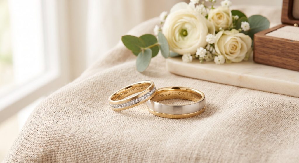 Nahaufnahme von zwei gravierten Eheringen auf hellbeigem Leinentuch. Die Innengravur beider Ringe zeigt die Namen „ANNA & LUKAS 12.08.23“. Der linke, schmalere Goldring ist rundum mit kleinen Diamanten besetzt, während der rechte, breitere Ring im Bicolor-Design gehalten ist. Im unscharfen Hintergrund liegen weiße Rosen, Eukalyptuszweige und eine hölzerne Schmuckschatulle.