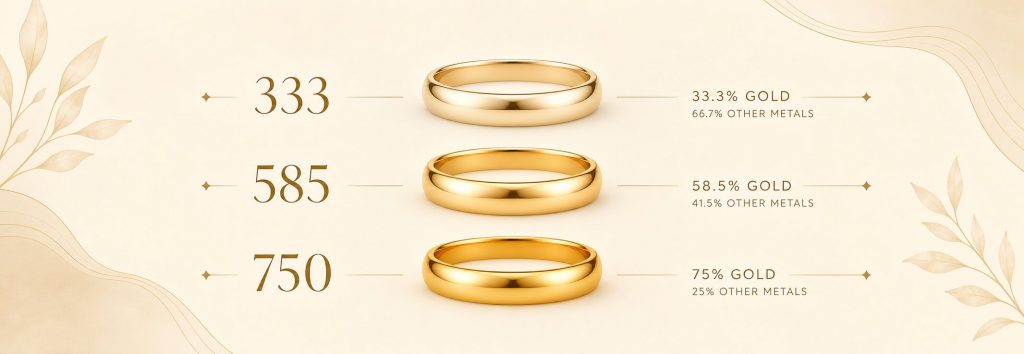 Infografik zur Goldlegierung mit drei Ringen, die von oben nach unten intensiver im Goldton werden: 333: 33,3 % Gold, 66,7 % andere Metalle. 585: 58,5 % Gold, 41,5 % andere Metalle. 750: 75 % Gold, 25 % andere Metalle.