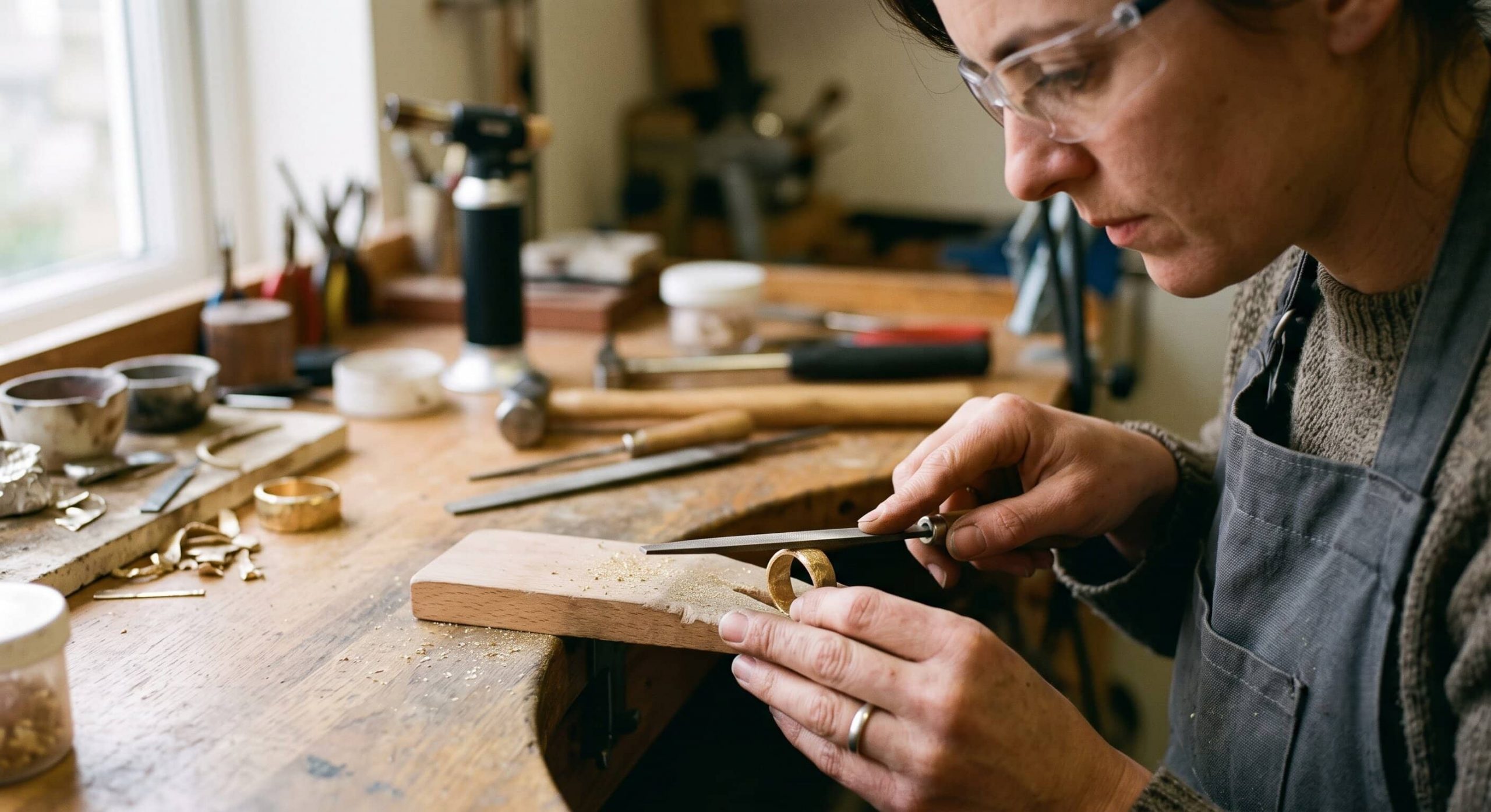 Eine Goldschmiedin bei der Arbeit an ihrer Werkbank. Sie trägt eine Schutzbrille und eine graue Schürze und bearbeitet konzentriert einen Goldring mit einer kleinen Feile. Auf dem Holztisch befinden sich zahlreiche Werkzeuge, darunter Hämmer, Zangen und weitere Metallteile, die typisch für eine Schmuckwerkstatt sind.