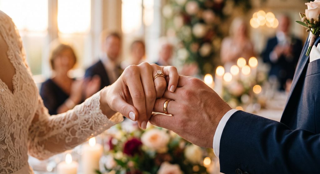 Ein Brautpaar hält sich an den Händen, wobei ihre Eheringe im Fokus stehen. Die Braut trägt ein langärmliges Spitzenkleid und einen goldenen Verlobungs- sowie Ehering, während der Bräutigam einen dunkelblauen Anzug und einen schlichten Goldring trägt. Im unscharf gehaltenen Hintergrund sind Gäste bei einer festlichen Abendveranstaltung mit Kerzenlicht und Blumenarrangements zu sehen.