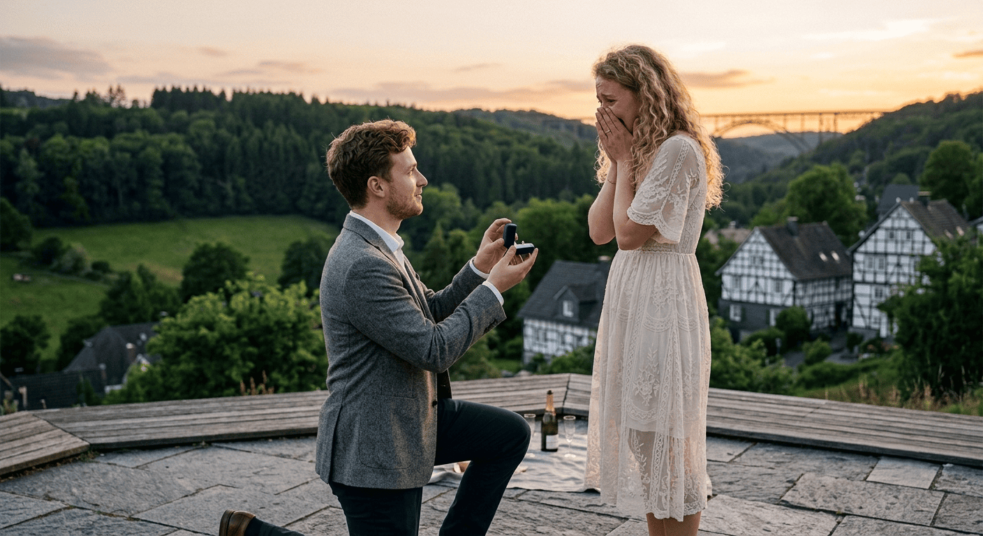 Ein junger Mann macht seiner Freundin einen Heiratsantrag. Er kniet auf einer steinernen Terrasse und hält ihr einen geöffneten Ringring-Etui hin. Die Frau steht vor ihm, hält sich sichtlich bewegt die Hände vor das Gesicht. Im Hintergrund erstreckt sich eine malerische Landschaft mit grünen Hügeln, historischen Fachwerkhäusern und einer Brücke im warmen Licht des Sonnenuntergangs.