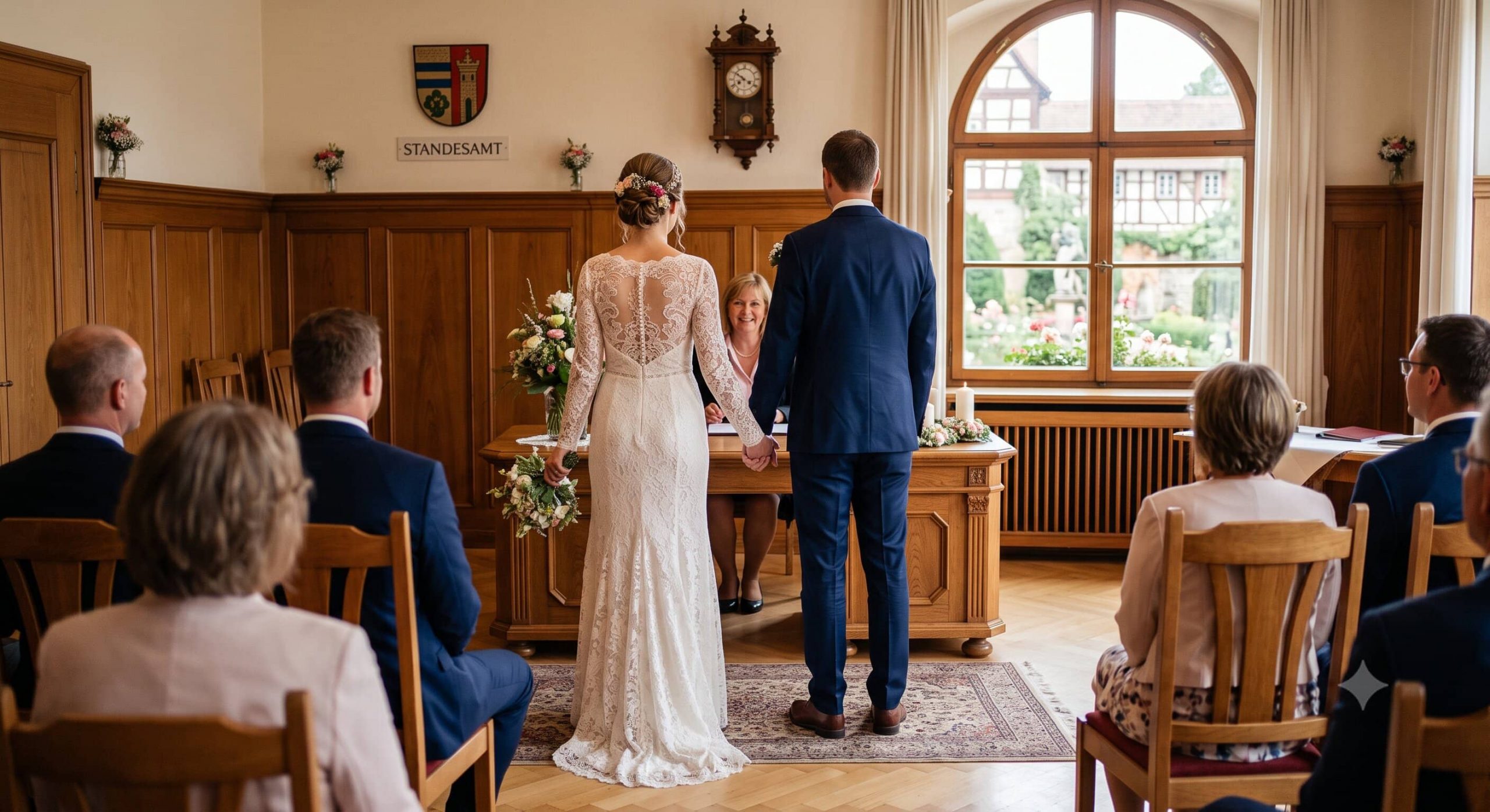 Eine Ansicht von hinten auf ein Brautpaar während der standesamtlichen Trauung. Die Braut trägt ein langärmliges Spitzenkleid mit freiem Rücken, der Bräutigam einen dunkelblauen Anzug. Sie halten sich an den Händen vor einer Standesbeamtin, die an einem großen Schreibtisch sitzt. Im Hintergrund sind ein großes Fenster mit Blick auf ein Fachwerkhaus und Gäste zu sehen, die auf Holzstühlen der Zeremonie beiwohnen. An der Wand hängt ein Wappen und eine alte Wanduhr.