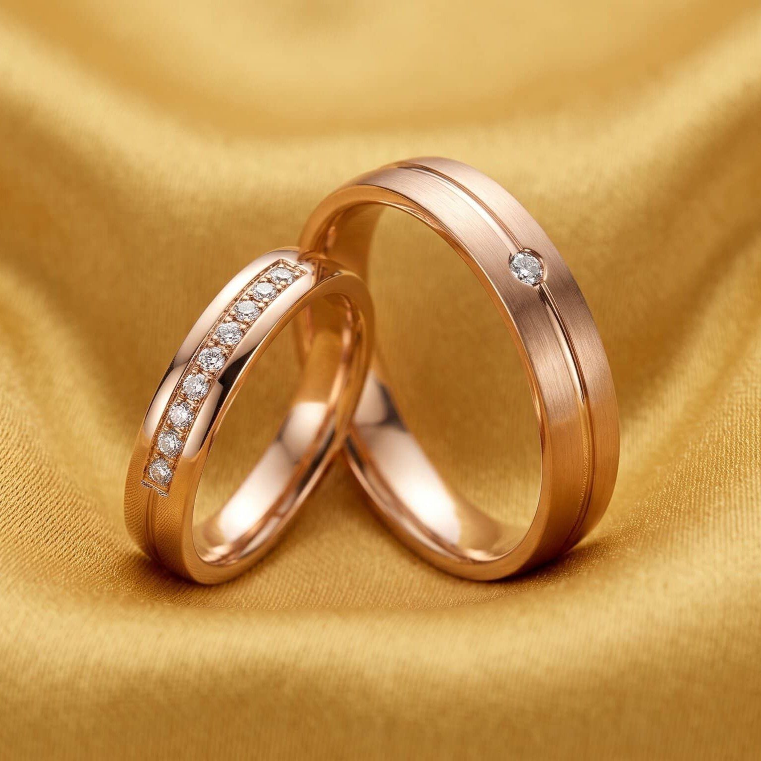Nahaufnahme zweier ineinander verschlungener Trauringe aus warm schimmerndem Roségold, die auf einem weich drapierten, goldfarbenen Stoff liegen. Der linke Ring ist mit einer Reihe kleiner Diamanten in einer eingelassenen Schiene verziert. Der rechte Ring hat eine gebürstete Oberfläche mit einer umlaufenden Rille und ist mit einem einzelnen kleinen Diamanten akzentuiert.