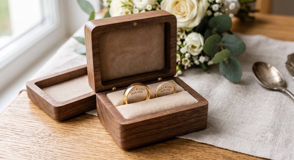 Eine hochwertige Ringbox aus dunklem Walnussholz mit beigefarbenem Samt-Inlay, die offen auf einem Holztisch steht. In der Box befinden sich zwei goldene Eheringe, die beide mit „Alex & Lisa 24.08.2024“ graviert sind. Einer der Ringe ist mit kleinen Diamanten besetzt. Im Hintergrund liegt unscharf ein weißer Brautstrauß und ein silberner Löffel auf einem Leinentuch.