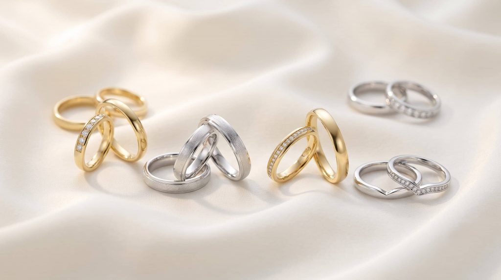 Sechs Paare Eheringe aus Gold und Silber, von denen einige mit kleinen Diamanten besetzt sind, werden auf einem weichen, cremefarbenen Stoffhintergrund präsentiert.